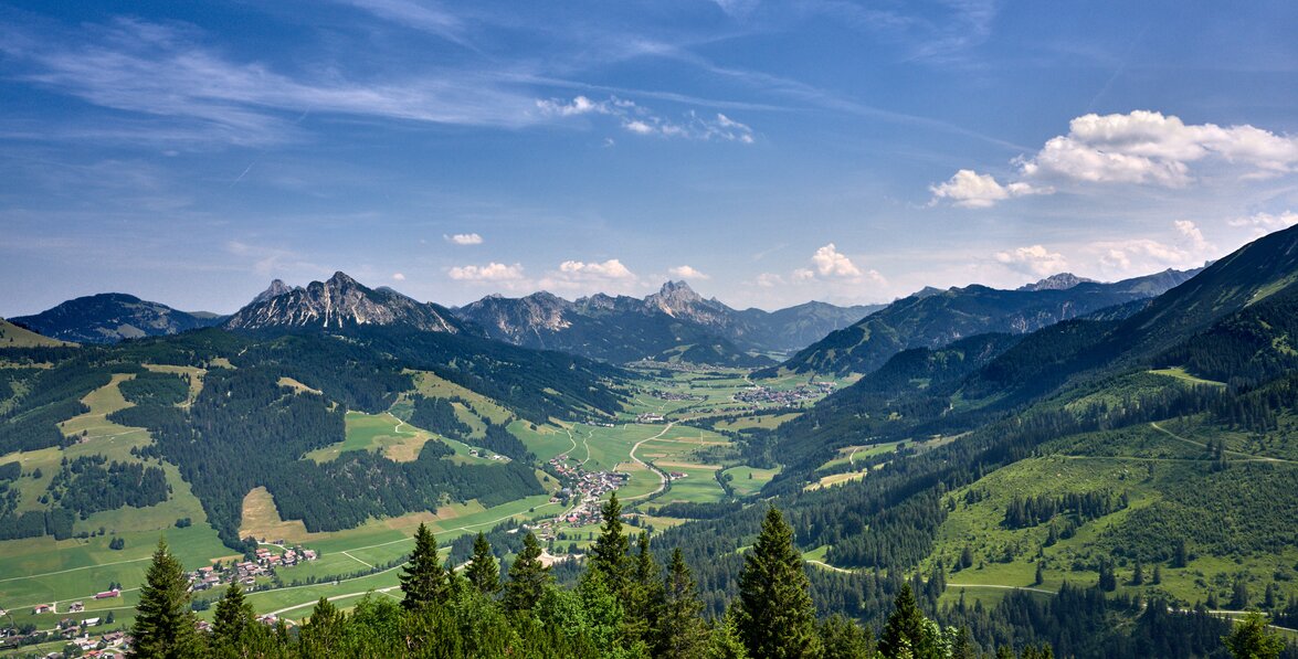 Sommerliche Berglandschaft mit grünen Wiesen, Wäldern und einem Tal unter blauem Himmel mit Wolken
